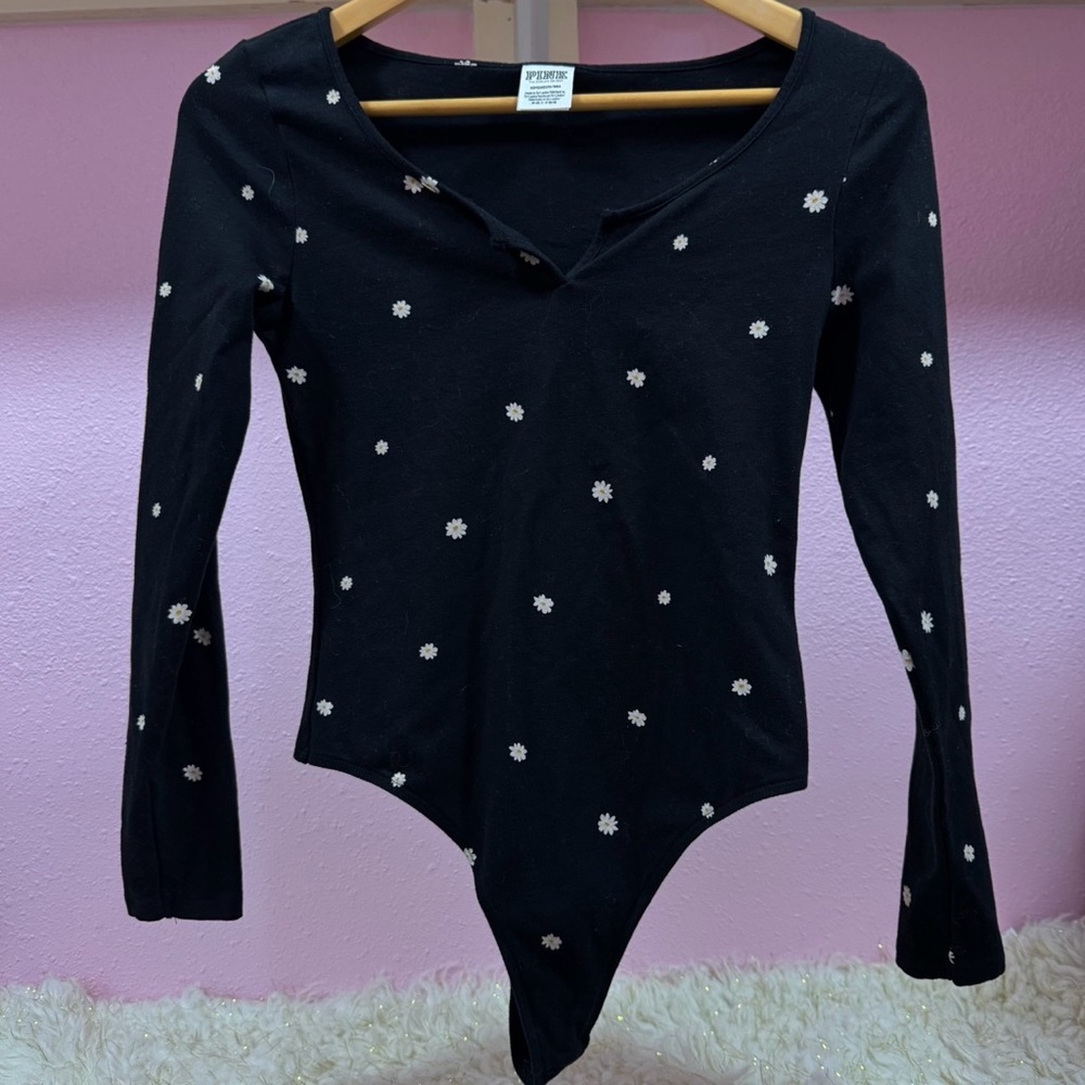 PINK Black Floral Long Sleeve Bodysuit